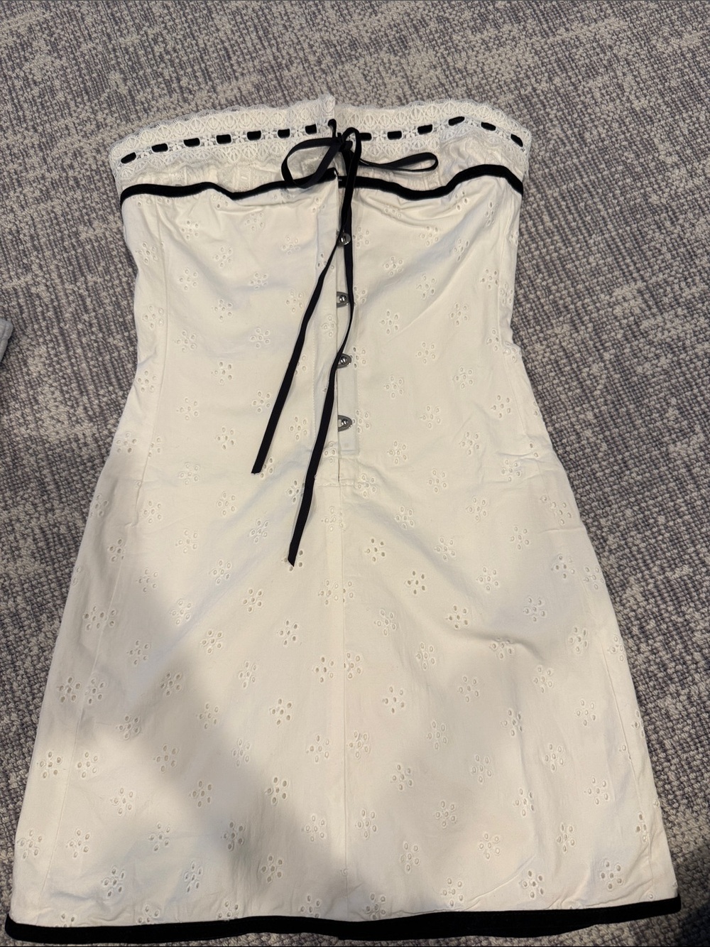With Jean White Eyelet Strapless Dress with Black Trim